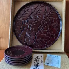 鎌倉彫 博陽堂 「福島秀岳」作 朱漆牡丹彫文 菓子皿/銘々皿 5客 K231