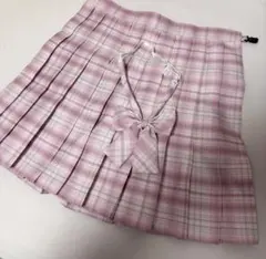 ピンク チェック制服スカート♡Mサイズ リボン付き