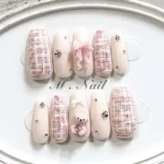 ネイルチップ フレンチガーリー リボン クマ ツイードネイル 量産型 韓国