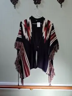 エスニック柄・オルテガ柄・フリンジ付きポンチョ