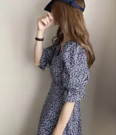 最終値下げ【JUNOAH】花柄ボリュームスリーブマキシ丈ワンピース ネイビー M