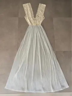 アンティーク ビンテージ 70s レース 花柄水色 プリーツ ワンピース ドレス