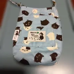 ハンドメイド スマホショルダーバッグ 猫柄 水色