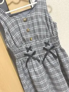 150 グレー系チェック フォーマルワンピース リボン付き