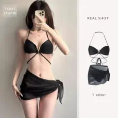 水着 レディース ビキニ 3点セット パレオ付き ブラック 黒 シンプル