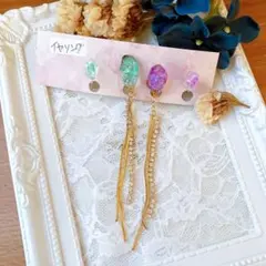 ピンク 赤 刺繍リボン チロリアンテープ ボタン ピアス イヤリング