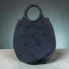 ビーズ付き黒編みハンドバッグ