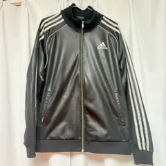 adidas ブラック トラックジャケット ラミネート 光沢 加工 黒 L