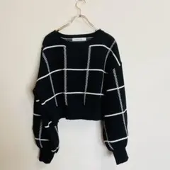 《Blue Strive》チェック柄　バルーンスリーブニット、クロップド丈【L】