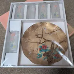 【未使用】光琳絵皿 大皿1枚 ＆ グラス5客セット 昭和レトロ 金彩 ガラス食器