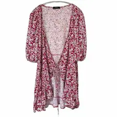 Bershka 小花柄 ミニラップワンピース ガウン レッド系 サイズL