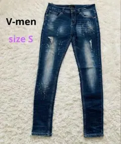【V-men】ペイントスキニーデニム ダメージ加工 細身ヴィンテージ メンズS