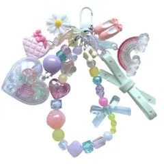 ビーズストラップ グリーン水玉リボン じゃらじゃらキーホルダー スマホストラップ