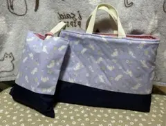 a01紫地白猫柄　レッスンバック，上履き袋