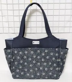 王冠柄・濃紺・サイドポケット付きトートバッグW・ハンドメイド