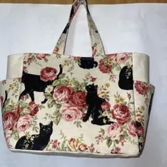 ハンドメイド　トートバッグ　黒猫　薔薇のサムネイル