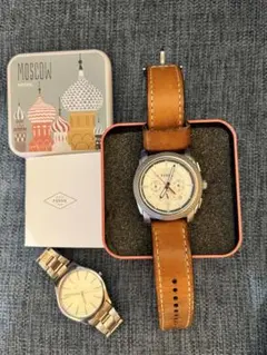 FOSSIL クロノグラフ レザーベルト 腕時計　電池交換済み　夜限定saleのサムネイル