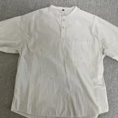 無印 ストライプ柄 バンドカラー 半袖シャツ グレー M