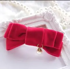 最終SALE (36) ベロア バレッタ♡ ハンドメイド リボン ヘアピン 赤