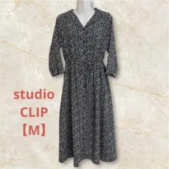 studio CLIP 極美品 小花柄ロングワンピース M 黒 七分袖 リボン