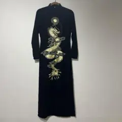 【アオザイ】 ドラゴン刺繍 ブラックロング セットアップ M