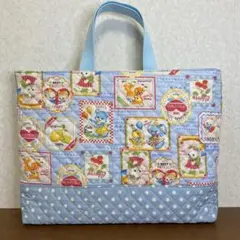 ハンドメイド　レッスンバッグ　絵本カバン　水色　レトロアニマル柄　うさぎ柄