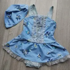 美品 3000円☆ブランシェス 水色 花柄 ワンピース水着 帽子付き