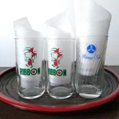 非売品●リボンオレンジガラスコップ２個／三ツ矢サイダーグラス１個　昭和レトロ