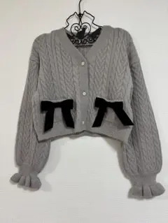 evelyn リボンカーディガン フェミニン ふわもこガーリー チャコール