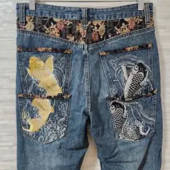 Y2K 雅結 百花繚乱 ワイド ビッグサイズ 極太デニム 桜 龍 刺繍 和柄 
