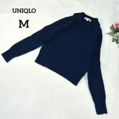 ユニクロ　長袖ニット　M　ネイビー　襟付き　キーネック　毛100%　090