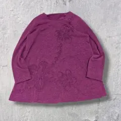 90s 花柄レリーフ刺繍 チュニック パープル M レトロ ナチュラル 古着