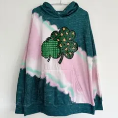 クローバーデザイン フード付きパーカー グリーン ピンク ポケット カジュアル