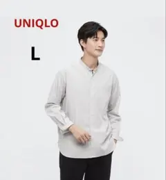 UNIQLOエクストラファインコットンストライプスタンドカラーシャツL グレー