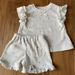 【総柄 ハート】ワッフルパジャマ・フリル付き 90cm