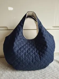 デニム調キルティングネイビー　ころりん丸底グラニーバッグ　ハンドメイド