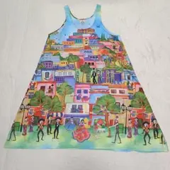 【美品】チチカカ ノースリーブ フレアーワンピース メキシコ街並み スカル柄のサムネイル