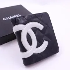 シャネル カンボン がま口 折り財布 ブラック×ピンク 本革 美品