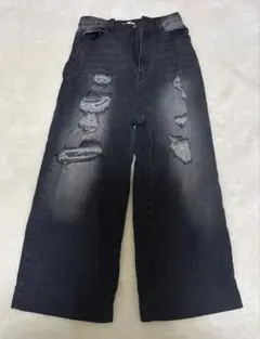 ダメージ加工 ワイドレッグデニムパンツ ダークグレー