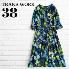 トランスワーク ベルト付き キーネックフラワープリントシャツワンピース M 紺のサムネイル