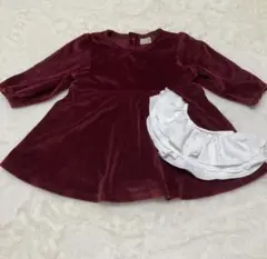 ベビーロンパース　80 プティマイン　ベロアワンピース　スタイ付き　レッド　赤