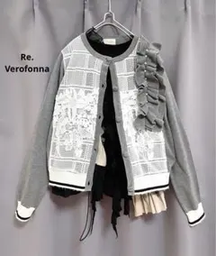 Re.Verofonna 異素材レースフリルパールニットカーディガン