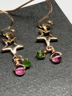 14kgf 天然石　ピンクトルマリン　クロムダイオプサイト　星ピアス　スター