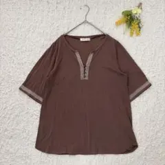 ゴールデンベア　襟レースヘンリーネックカットソー　M 茶　ゆったり　薄手　綿混のサムネイル