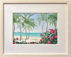 透明水彩画　原画　「花の咲くビーチ03」額縁付き　SMサイズ　風景画 透明水彩画 原画 「花の咲くビーチ03」額縁付き SMサイズ 風景画