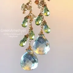 天然石☆極上ぷっくりグリーンアメジストのピアス14kgf