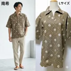 南希 絞り染め風 チュニック シャツ 茶　Lサイズ　和柄 レトロ 和モダン