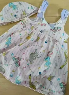 100cm ワンピース水着 女の子　帽子セット　動物サーカス柄