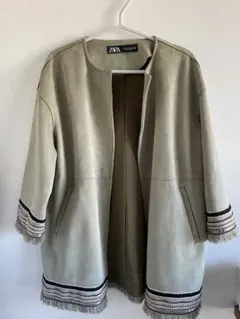 【ZARA】ノーカラージャケット フリンジ付き カーキ色