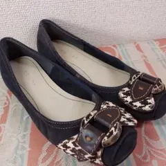 23㎝ リーガル パンプス　フラットシューズ スエード ネイビー バックル飾り